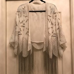 White Sequin Beaded Fringe Kimono Capulet
